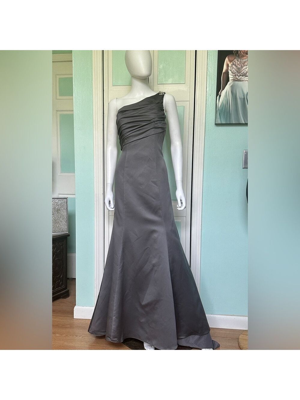 Size 6 Charcoal Smoke Silver Fitted gown one shoulder  bridesmaid mother dress